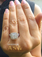 Load image into Gallery viewer, Large Women&#39;s 14K Solid White Gold Cushion Cut Moissanite and Rond Cut Natural Diamond Engagement Ring Double Halo Prong 2.80ct
