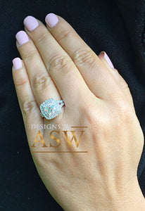 Large Women's 14K Solid White Gold Cushion Cut Forever One Moissanite and Rond Cut Natural Diamond Engagement Ring Double Halo Prong 2.80ct