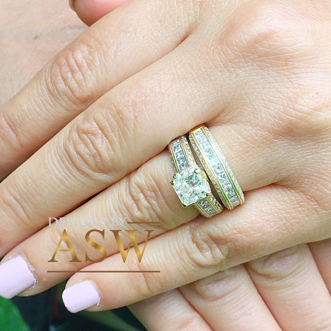 3.70 Carat Princess Forever One Moissanite and Round Cut natural Diamond Engagement Ring and Band Set in 14K Solid and Heavy Yellow Gold
