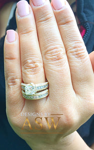 3.70 Carat Princess Forever One Moissanite and Round Cut natural Diamond Engagement Ring and Band Set in 14K Solid and Heavy Yellow Gold