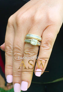 3.70 Carat Princess Forever One Moissanite and Round Cut natural Diamond Engagement Ring and Band Set in 14K Solid and Heavy Yellow Gold