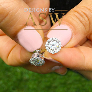 Women's Solid 14K White Gold Round Cut Forever One Moissanite and Natural Diamonds Earrings Deco, Bridal, Wedding Studs, Prong set 1.40ctw