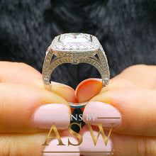 Load image into Gallery viewer, Huge and Heavy 14K Solid White Gold Asscher Cut Simulated Diamond Engagement Ring Bezel Set Halo Wedding Anniversary Round Cut 4.50ct by ASW
