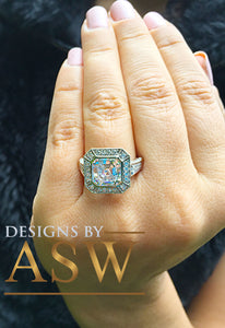 Heavy and Solid 14k White Gold Asscher Cut Forever one moissanite and diamonds bezel Engagement Ring wedding bridal Natural Diamonds 4.60ctw