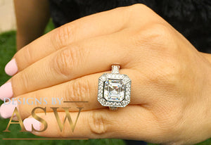 Heavy and Solid 14k White Gold Asscher Cut Forever one moissanite and diamonds bezel Engagement Ring wedding bridal Natural Diamonds 4.60ctw