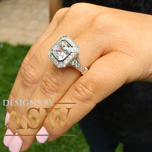 Heavy and Solid 14k White Gold Asscher Cut Forever one moissanite and diamonds bezel Engagement Ring wedding bridal Natural Diamonds 4.60ctw