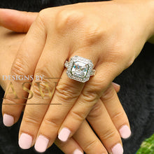 Load image into Gallery viewer, Huge and Heavy 14K Solid White Gold Asscher Cut Simulated Diamond Engagement Ring Bezel Set Halo Wedding Anniversary Round Cut 4.50ct by ASW
