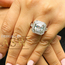 Load image into Gallery viewer, Huge and Heavy 14K Solid White Gold Asscher Cut Simulated Diamond Engagement Ring Bezel Set Halo Wedding Anniversary Round Cut 4.50ct by ASW
