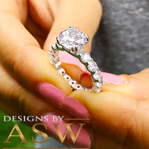 Four carat women's round cut forever one moissanite and diamond engagement ring eternity style bridal wedding set in solid 14k white gold