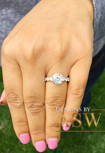 Four carat women's round cut forever one moissanite and diamond engagement ring eternity style bridal wedding set in solid 14k white gold