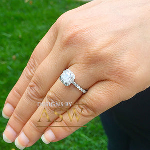 Elegant Women's 14k Solid White Gold Cushion Cut Forever One Moissanite and Diamond Engagement Ring Bridal, Wedding Halo 1.80ctw