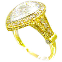 Load image into Gallery viewer, Large Four Carats 14k Solid Yellow Gold Pear and Round Cut Simulated Diamond Engagement Ring Deco, Bridal, Wedding, Halo, Anniversary
