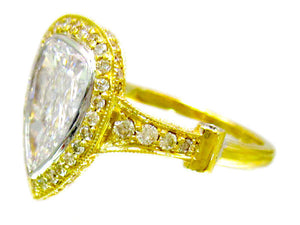 Large Four Carats 14k Solid Yellow Gold Pear and Round Cut Simulated Diamond Engagement Ring Deco, Bridal, Wedding, Halo, Anniversary