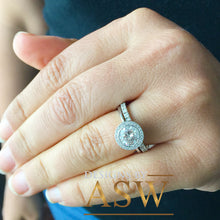 Load image into Gallery viewer, Round Simulated Diamond Engagement Ring Antique Deco, Bridal, Wedding, Anniversary, Matching Band, Halo Beze; Set 14k Solid White Gold 2.00
