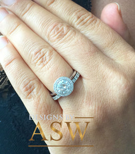 14k White Gold Round Cut Forever One Moissanite and Natural Diamond Engagement Ring And Band Bezel Set Halo Bridal Wedding Anniversary 2.00