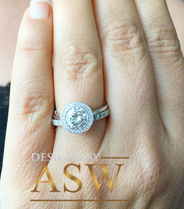 14k White Gold Round Cut Forever One Moissanite and Natural Diamond Engagement Ring And Band Bezel Set Halo Bridal Wedding Anniversary 2.00