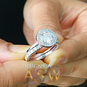 14k White Gold Round Cut Forever One Moissanite and Natural Diamond Engagement Ring And Band Bezel Set Halo Bridal Wedding Anniversary 2.00
