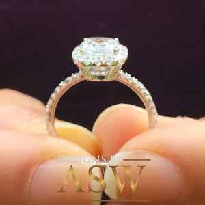 Elegant Women's 14k Solid White Gold Cushion Cut Forever One Moissanite and Diamond Engagement Ring Bridal, Wedding Halo 2.20ctw