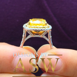 Huge 6.50 Carats 14k Solid White and Yellow Gold Cushion Cut Simulated Fancy Yellow Diamond and simulated Diamonds Engagement Ring Halo