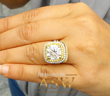 Load image into Gallery viewer, Cushion and Round Cut Simulated Diamond Engagement Ring And Band Double Halo Huge 6.80 Carats 14k Solid White and Yellow Gold
