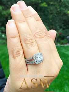 14k White Gold Round Cut Forever One Moissanite and Natural Diamond Engagement Ring And Band Double Halo Bridal Wedding Anniversary 1.50ctw