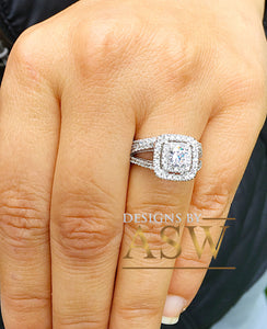 14k White Gold Round Cut Forever One Moissanite and Natural Diamond Engagement Ring And Band Double Halo Bridal Wedding Anniversary 1.50ctw