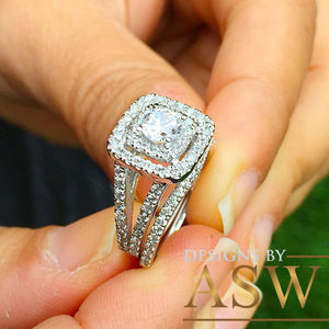 14k White Gold Round Cut Forever One Moissanite and Natural Diamond Engagement Ring And Band Double Halo Bridal Wedding Anniversary 1.50ctw