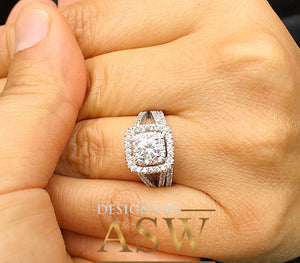 14k White Gold Round Cut Forever One Moissanite and Natural Diamond Engagement Ring And Band Double Halo Bridal Wedding Anniversary 1.50ctw