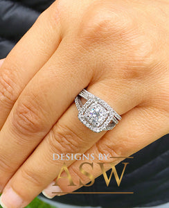 14k White Gold Round Cut Forever One Moissanite and Natural Diamond Engagement Ring And Band Double Halo Bridal Wedding Anniversary 1.50ctw