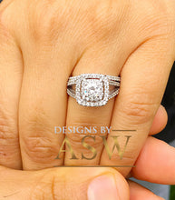 Load image into Gallery viewer, Round Cut CVD Diamond Engagement ring and band, Prong Set, Anniversary, Wedding, Propose, Bridal, Double Halo 14K White Gold 1.65ctw
