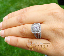 Load image into Gallery viewer, Round Cut CVD Diamond Engagement ring and band, Prong Set, Anniversary, Wedding, Propose, Bridal, Double Halo 14K White Gold 1.65ctw
