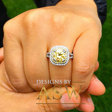 Load image into Gallery viewer, Round Cut Simulated Diamond and simulated Fancy Yellow Diamonds Engagement Ring Double Halo Large 4.00 Carats 14k Solid White Gold
