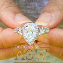 Load image into Gallery viewer, 14k Solid White Gold Pear Cut Forever One Moissanite and Natural Diamond Engagement Ring Halo, Bridal, Wedding Deco Antique Style  2.70ctw
