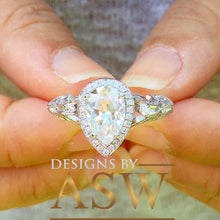 Load image into Gallery viewer, 14k Solid White Gold Pear Cut Forever One Moissanite and Natural Diamond Engagement Ring Halo, Bridal, Wedding Deco Antique Style  2.20ctw
