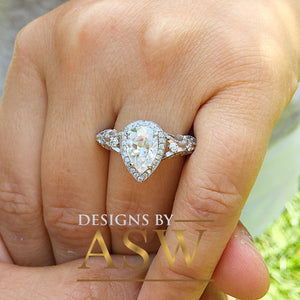 14k Solid White Gold Pear Cut Forever One Moissanite and Natural Diamond Engagement Ring Halo, Bridal, Wedding Deco Antique Style  2.20ctw