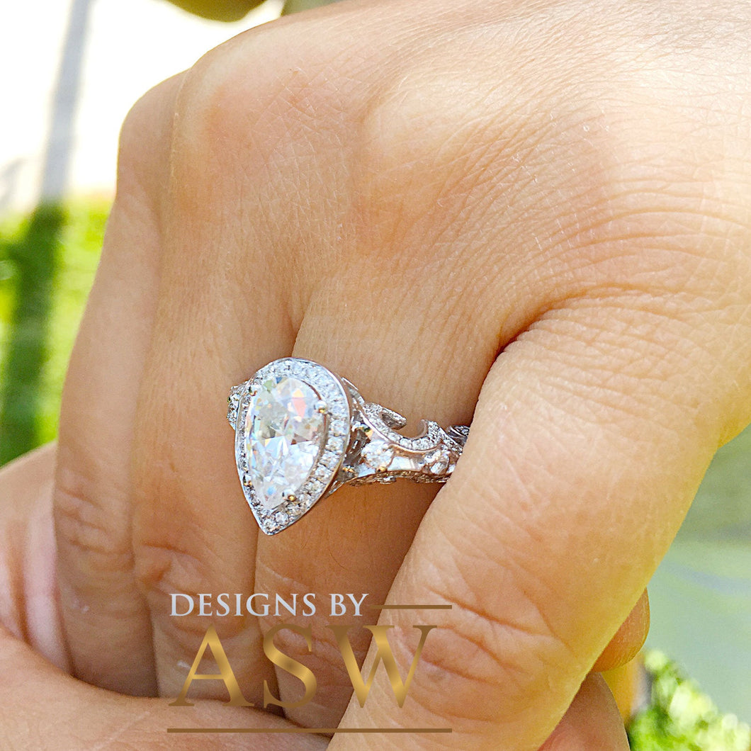 14k Solid White Gold Pear Cut Forever One Moissanite and Natural Diamond Engagement Ring Halo, Bridal, Wedding Deco Antique Style  2.20ctw
