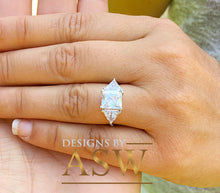 Load image into Gallery viewer, 14k Solid White Gold Radiant and Triangle Cut Forever One Moissanite Engagement Ring, Bridal, Wedding Deco Three Stone Style  3.00ctw
