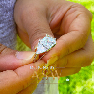 14k Solid White Gold Radiant and Triangle Cut Forever One Moissanite Engagement Ring, Bridal, Wedding Deco Three Stone Style  3.00ctw
