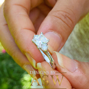 14k Solid White Gold Princess Cut Forever One Moissanite and Round Cut Engagement Ring, Bridal, Wedding Deco Three Stone Style  2.20ctw