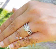 Load image into Gallery viewer, 14k solid white gold round cut simulated diamond bezel engagement ring and two bands, bridal set, wedding, halo three piece set 1.70ct ASW
