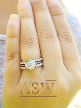 Load image into Gallery viewer, 14k solid white gold round cut simulated diamond bezel engagement ring and two bands, bridal set, wedding, halo three piece set 1.70ct ASW
