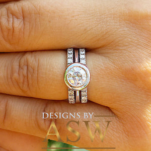 14k White Gold Round Cut Forever One Moissanite and Natural Diamond Engagement Ring And Band Bezel Set Halo Bridal Wedding Anniversary 1.70