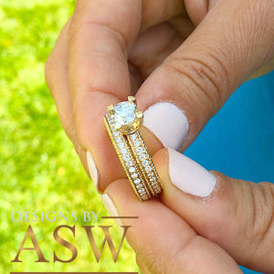 14k Yellow Gold Round Cut Forever One Moissanite and Round Cut Natural Diamond Engagement Ring and band, Bridal Set, Half Eternity 2.50ctw