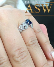 Load image into Gallery viewer, 14k solid white gold oval cut blue sapphire and natural diamonds engagement ring halo, deco, bridal, wedding, anniversary, propose 2.15ctw
