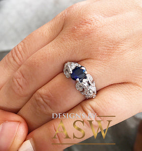 14k solid white gold oval cut blue sapphire and natural diamonds engagement ring halo, deco, bridal, wedding, anniversary, propose 2.15ctw