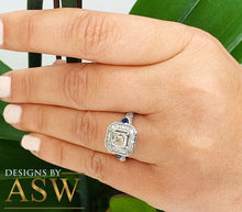 Load image into Gallery viewer, 14k Solid White Gold Asscher, Round, and Trillion Cut Simulated Diamond ans sapphire Engagement Ring Halo Bridal Wedding 2.00ctw by ASW
