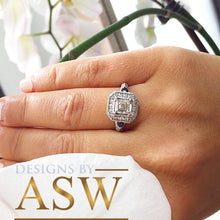 Load image into Gallery viewer, 14k Solid White Gold Asscher, Round, and Trillion Cut Simulated Diamond ans sapphire Engagement Ring Halo Bridal Wedding 2.00ctw by ASW
