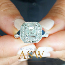Load image into Gallery viewer, 14k Solid White Gold Asscher, Round, and Trillion Cut Simulated Diamond ans sapphire Engagement Ring Halo Bridal Wedding 2.00ctw by ASW
