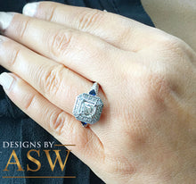 Load image into Gallery viewer, 14k Solid White Gold Asscher Cut Forever One Moissanite and Round Natural Diamonds Engagement Deco Halo, Bridal, Wedding, Sapphire  2.05ctw
