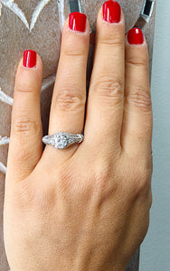 Large 2.05 Carat Round Simulated Diamond Engagement Ring Antique Deco Design Bridal Halo Wedding 14k Solid White gold
